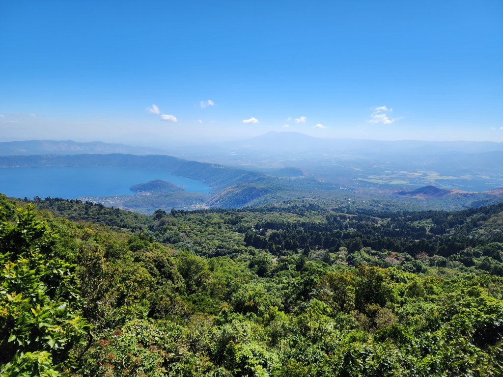 A large lake is surrounded by vivid green forest