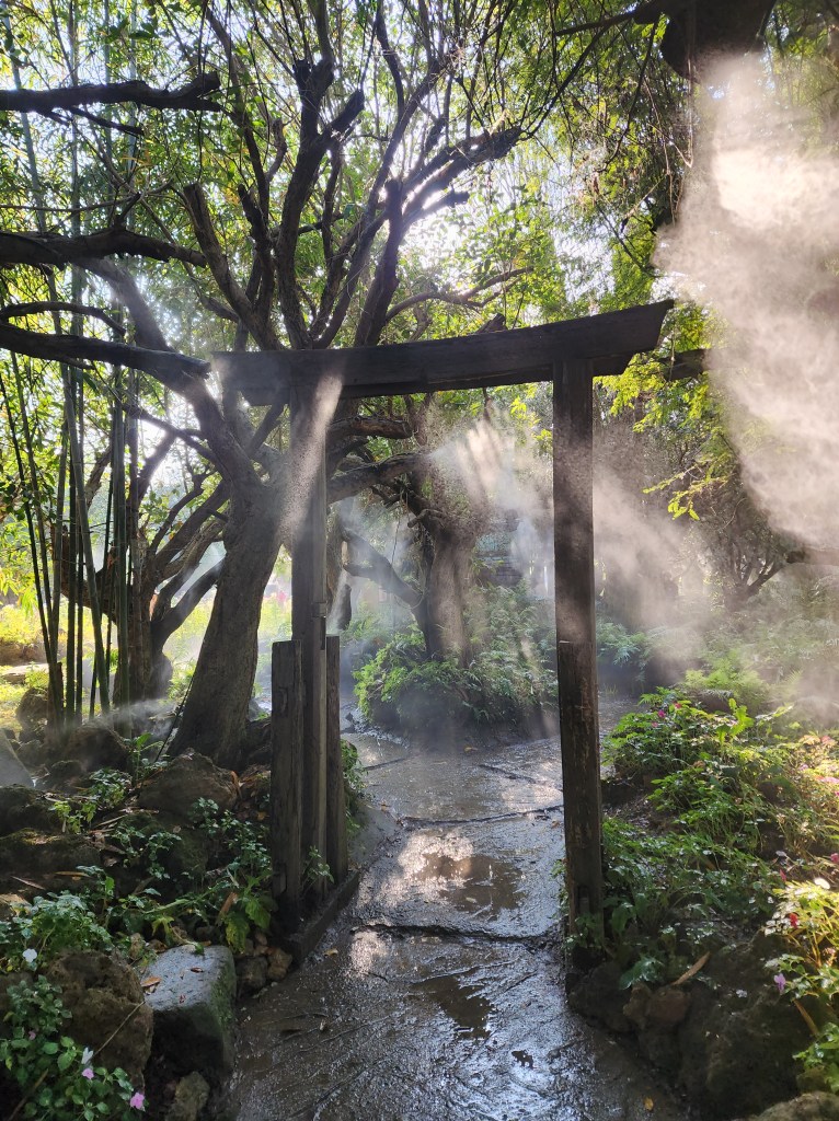 Sun rays hit the mist on a stone path through the forest in Dantewada in Chiang Mai, Thailand.