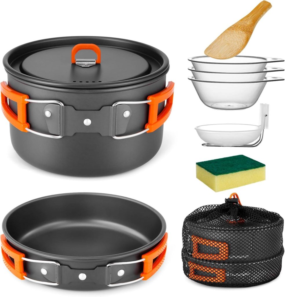 An orange and grey pot and pan set for travelling.