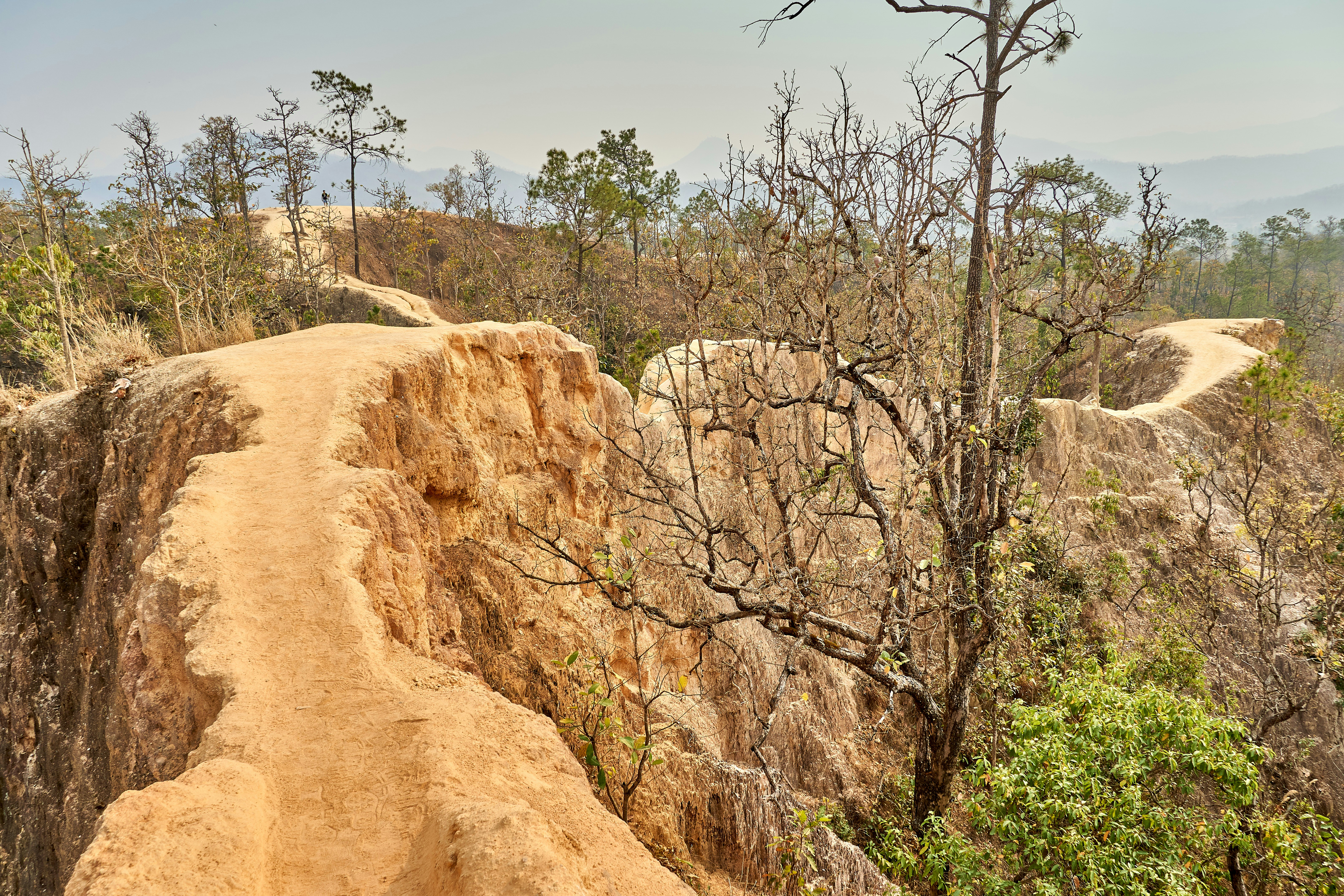 A narrow, dusty, path in Pai Canyon with sheer drops on either edge.